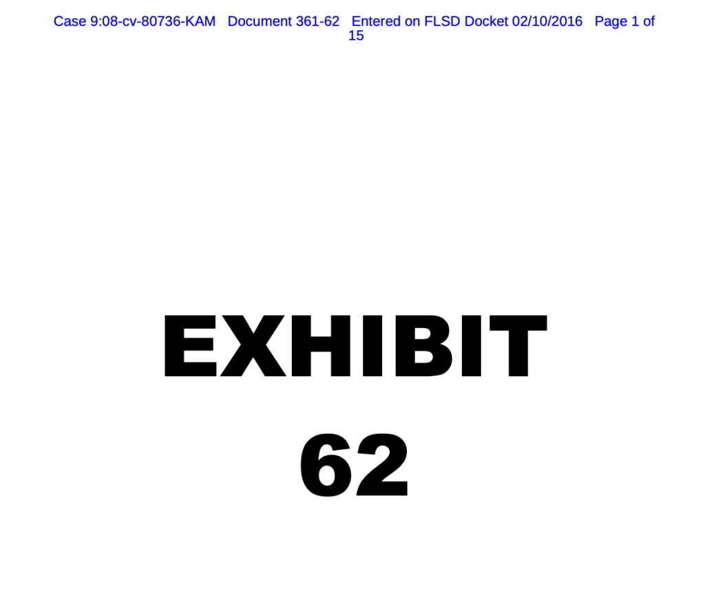 Cover sheet for Exhibit 62 in a court filing