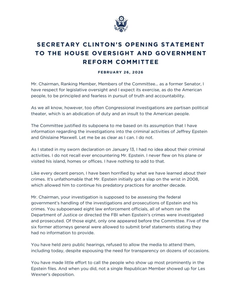 Full transcript and analysis of Hillary Clinton’s February 26, 2026 House Oversight Committee testimony concerning the Jeffrey Epstein investigation and federal handling of the trafficking case.