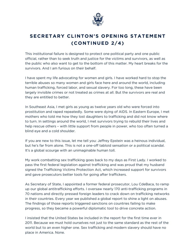 Full transcript and analysis of Hillary Clinton’s February 26, 2026 House Oversight Committee testimony concerning the Jeffrey Epstein investigation and federal handling of the trafficking case.