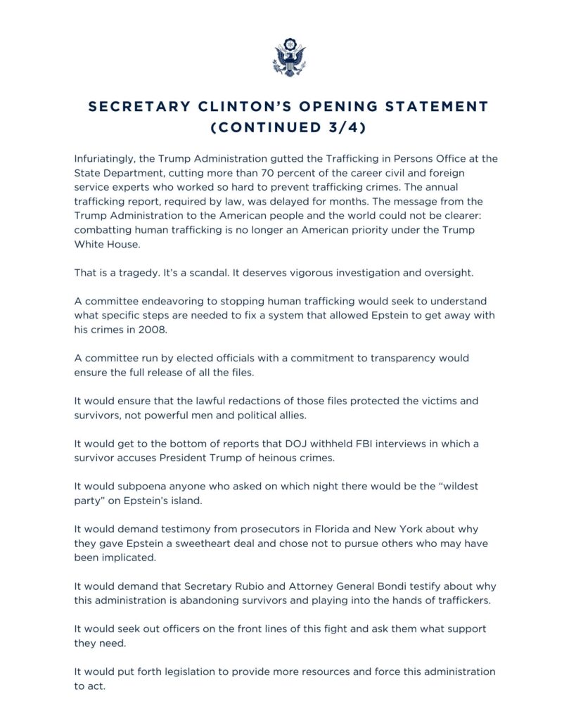 Full transcript and analysis of Hillary Clinton’s February 26, 2026 House Oversight Committee testimony concerning the Jeffrey Epstein investigation and federal handling of the trafficking case.