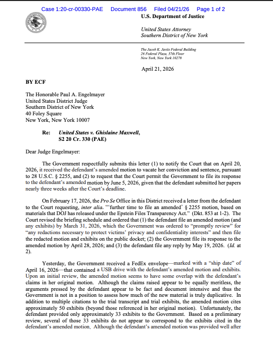 DOJ Requests Extension in Ghislaine Maxwell § 2255 Motion Citing ...