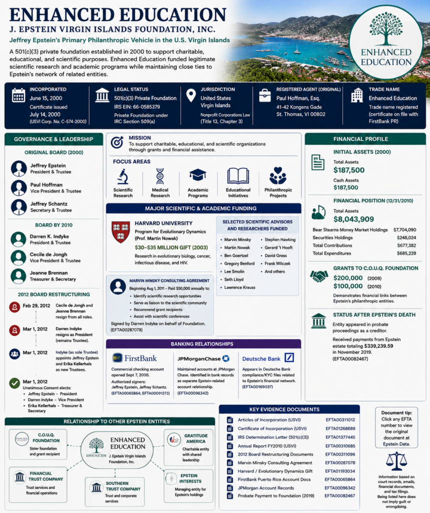 Enhanced Education nonprofit foundation founded by Jeffrey Epstein in the United States Virgin Islands showing organizational structure, scientific grants, Harvard funding, and relationships with other Epstein entities.