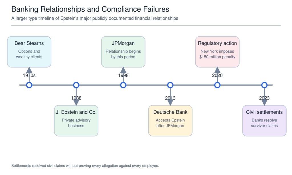 Timeline beginning with Epstein’s employment at Bear Stearns in the 1970s, followed by the creation of J. Epstein and Company in 1988, his JPMorgan relationship by 1998, his move to Deutsche Bank in 2013, New York’s $150 million regulatory penalty in 2020, and bank settlements with survivors in 2023.