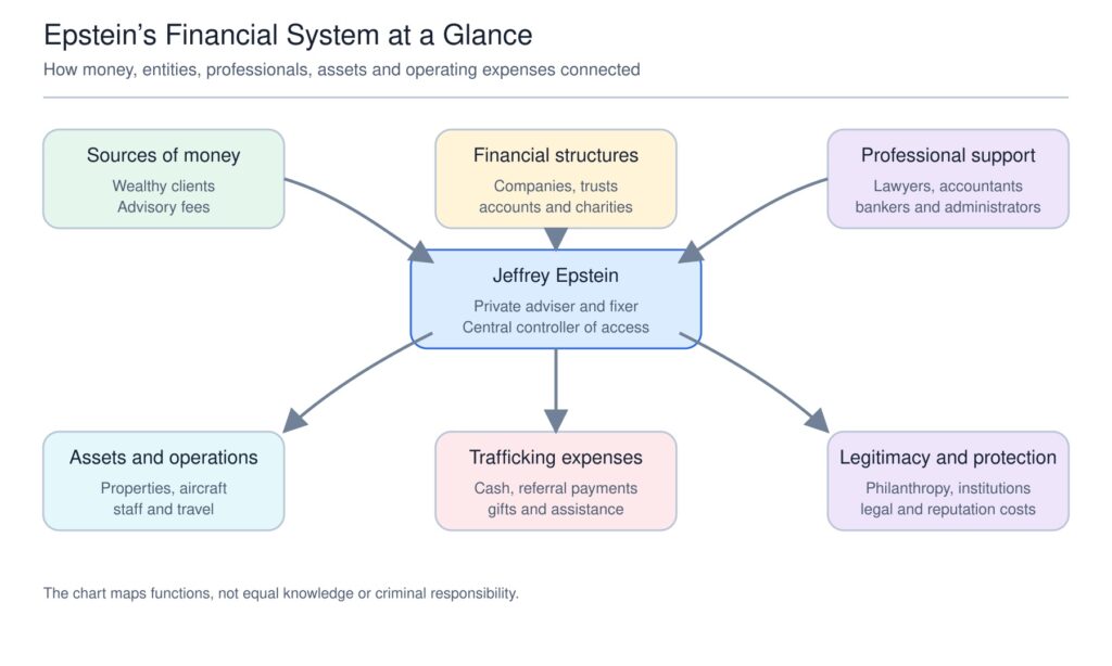 Flowchart placing Jeffrey Epstein at the center of a financial system connected to wealthy clients, advisory fees, companies, trusts, charities, lawyers, accountants, bankers, properties, aircraft, staff, travel, cash payments, referral payments, philanthropy, legal expenses, and reputation management.
