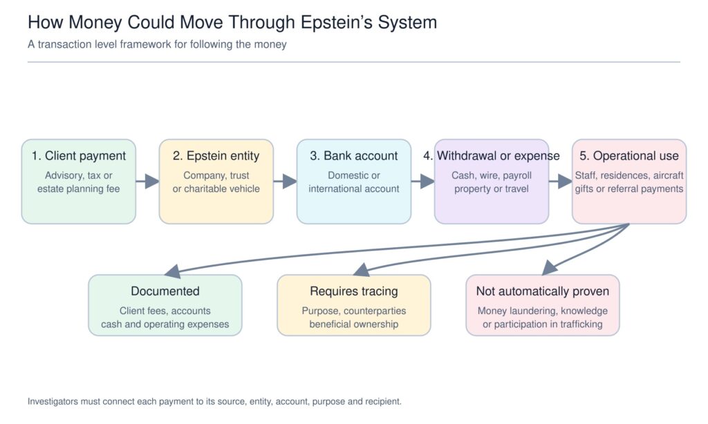 Flowchart showing money moving from a client payment to an Epstein company, trust, or charity, then into a bank account, followed by a cash withdrawal, wire, payroll expense, property expense, or travel payment. The final stage includes staff, residences, aircraft, gifts, and referral payments.