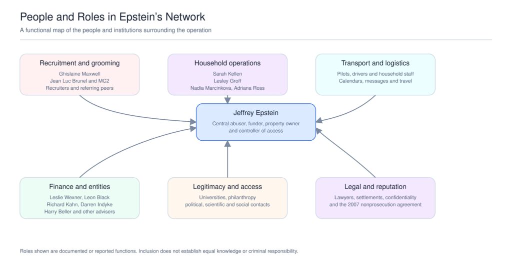 Network chart placing Jeffrey Epstein at the center of recruitment and grooming, household operations, transportation, financial administration, professional legitimacy, legal protection, and alleged delivery to other people. The chart includes Ghislaine Maxwell, Jean Luc Brunel, Sarah Kellen, Lesley Groff, Nadia Marcinkova, Adriana Ross, Darren Indyke, Richard Kahn, Harry Beller, Leslie Wexner, and Leon Black.
