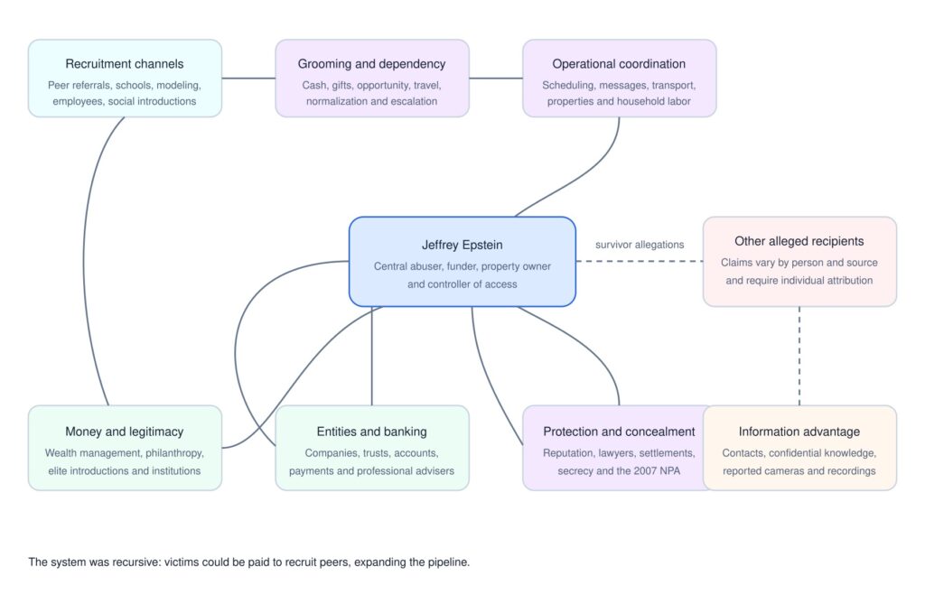 Flowchart showing recruitment channels, grooming and dependency, operational coordination, Epstein’s central role, alleged delivery to other people, financial infrastructure, legal protection, and information collection.