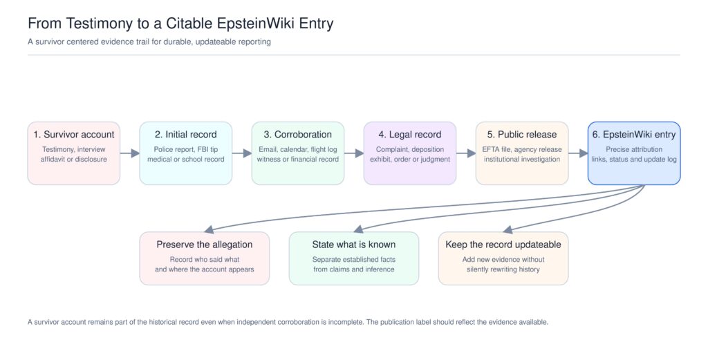 Flowchart showing survivor testimony progressing through police reports, FBI tips, corroborating records, court documents, public evidence releases, and an EpsteinWiki article with precise attribution and source links.