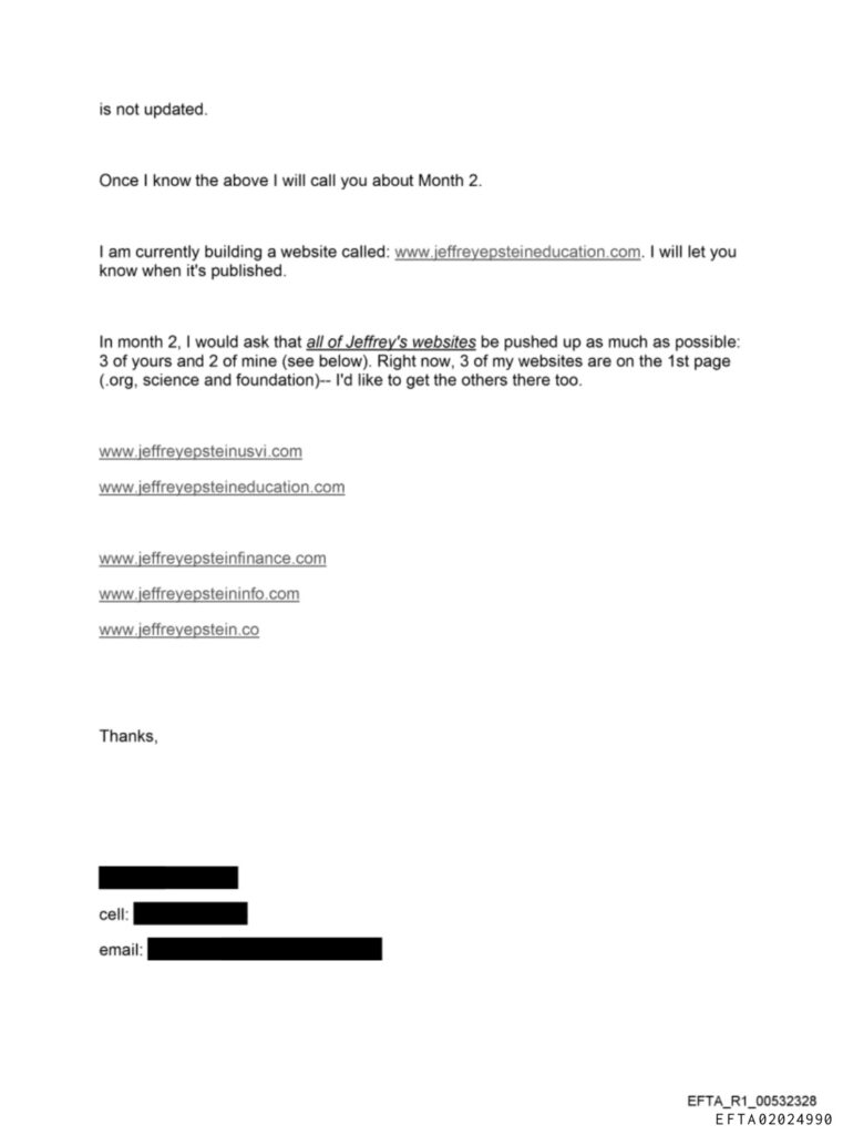 November 2012 email listing JeffreyEpsteinUSVI.com and JeffreyEpsteinEducation.com separately from JeffreyEpsteinFinance.com, JeffreyEpsteinInfo.com, and JeffreyEpstein.co while describing them as two client side sites and three Reputation Changer sites.