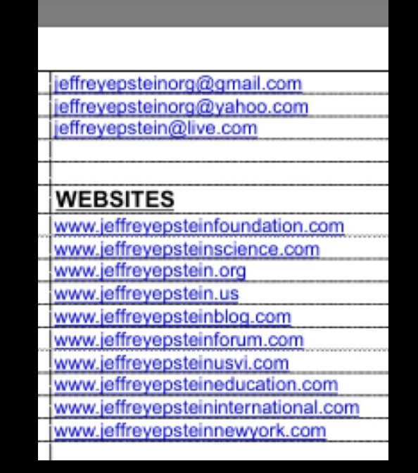 Historical document listing ten Jeffrey Epstein website domains, including foundation, science, education, international, Virgin Islands, blog, forum, New York, dot-org, and dot-US addresses.