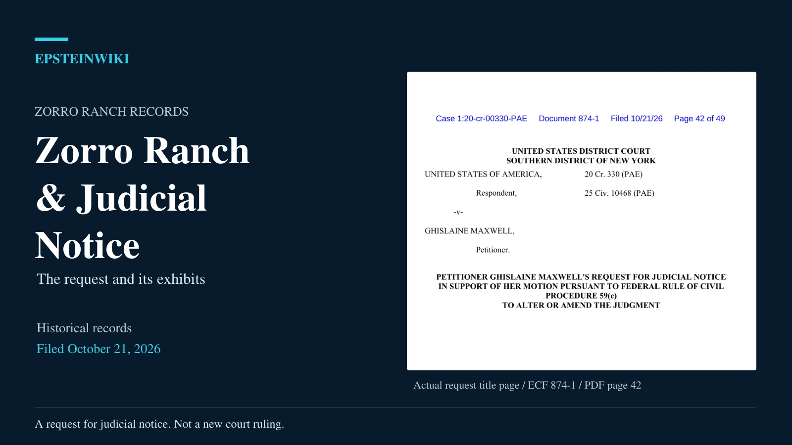 Editorial graphic pairing Zorro Ranch and judicial notice headlines with the actual title page of Maxwell’s request for judicial notice, filed October 21, 2026.