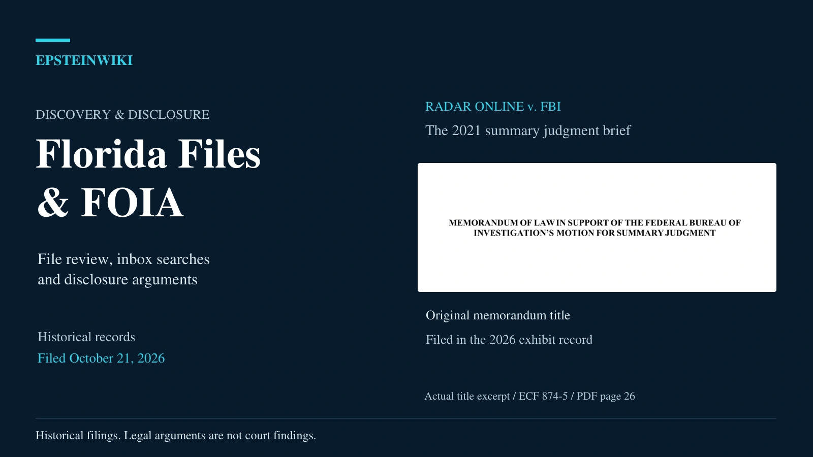 Editorial graphic showing the actual title of the FBI’s 2021 summary judgment memorandum in Radar Online v. FBI, included in the October 21, 2026 exhibit filing.