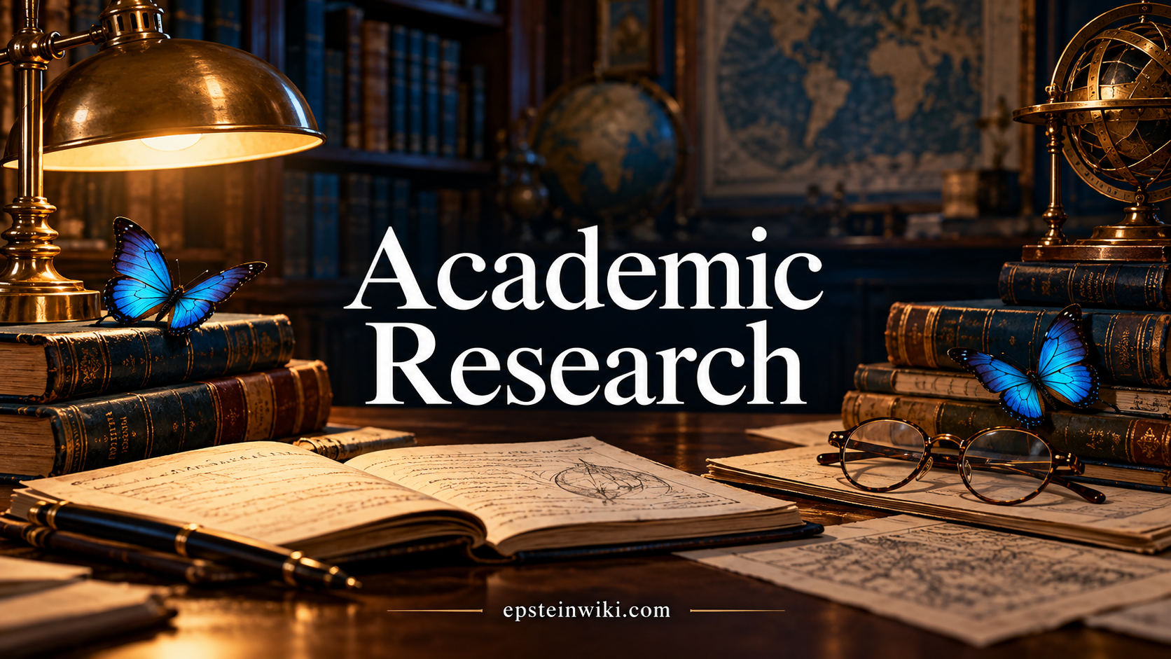 Academic Research banner with aged books, research notes and blue butterflies