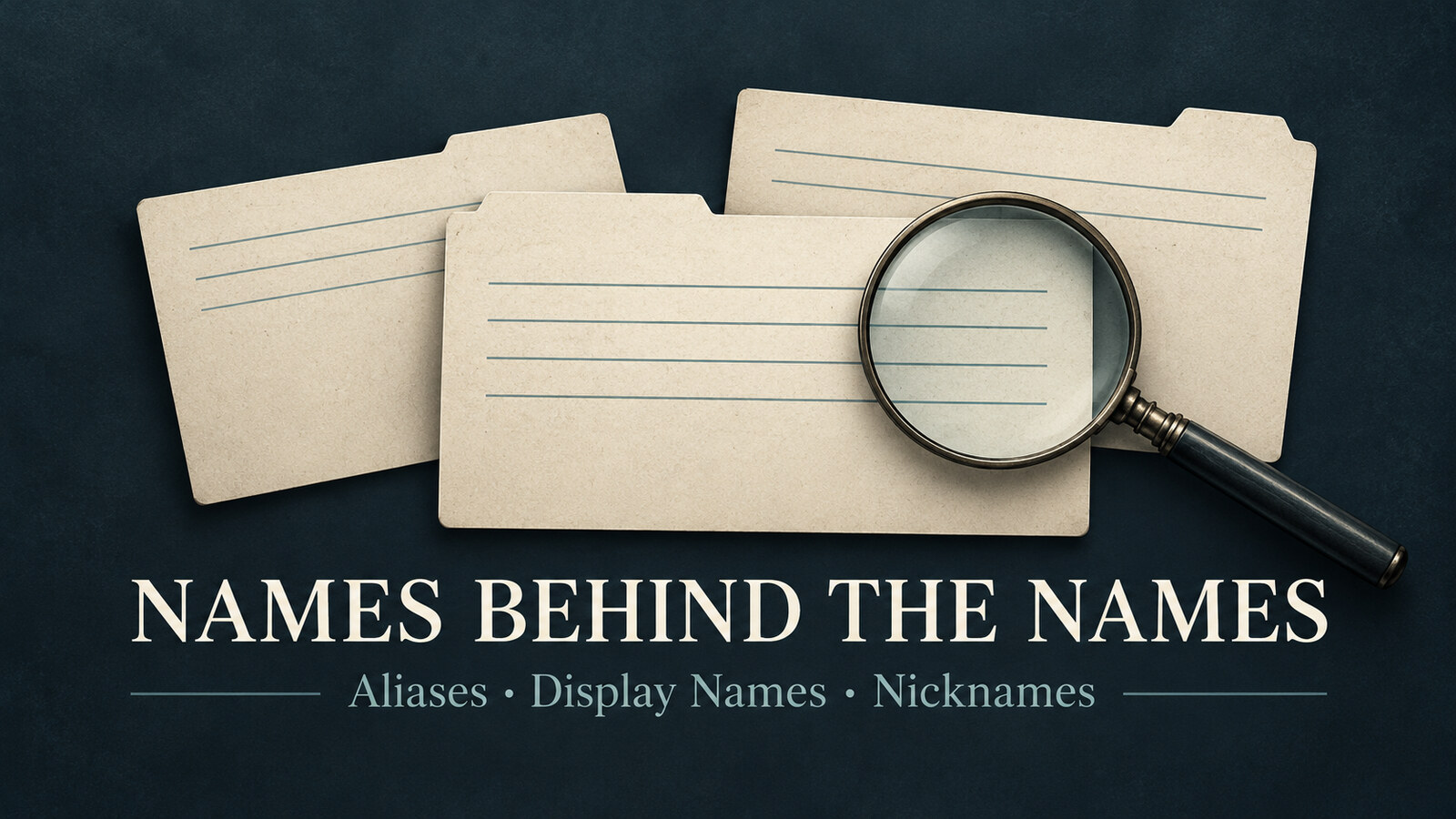 AI generated editorial illustration of blank archival cards and a magnifying glass, titled Names Behind the Names.
