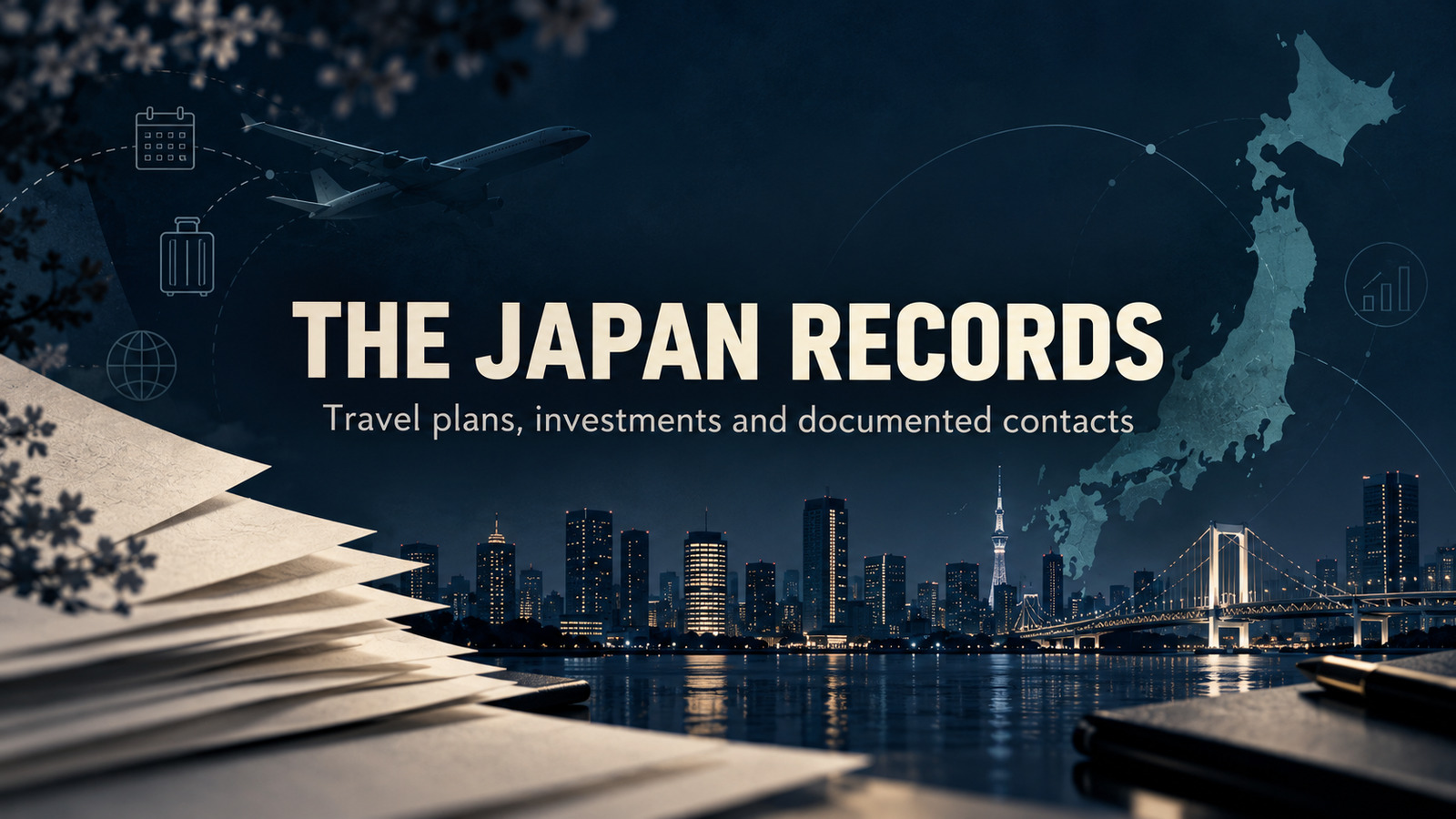 The Japan Records banner with a Japan map, Tokyo skyline, paper motifs and travel icons.