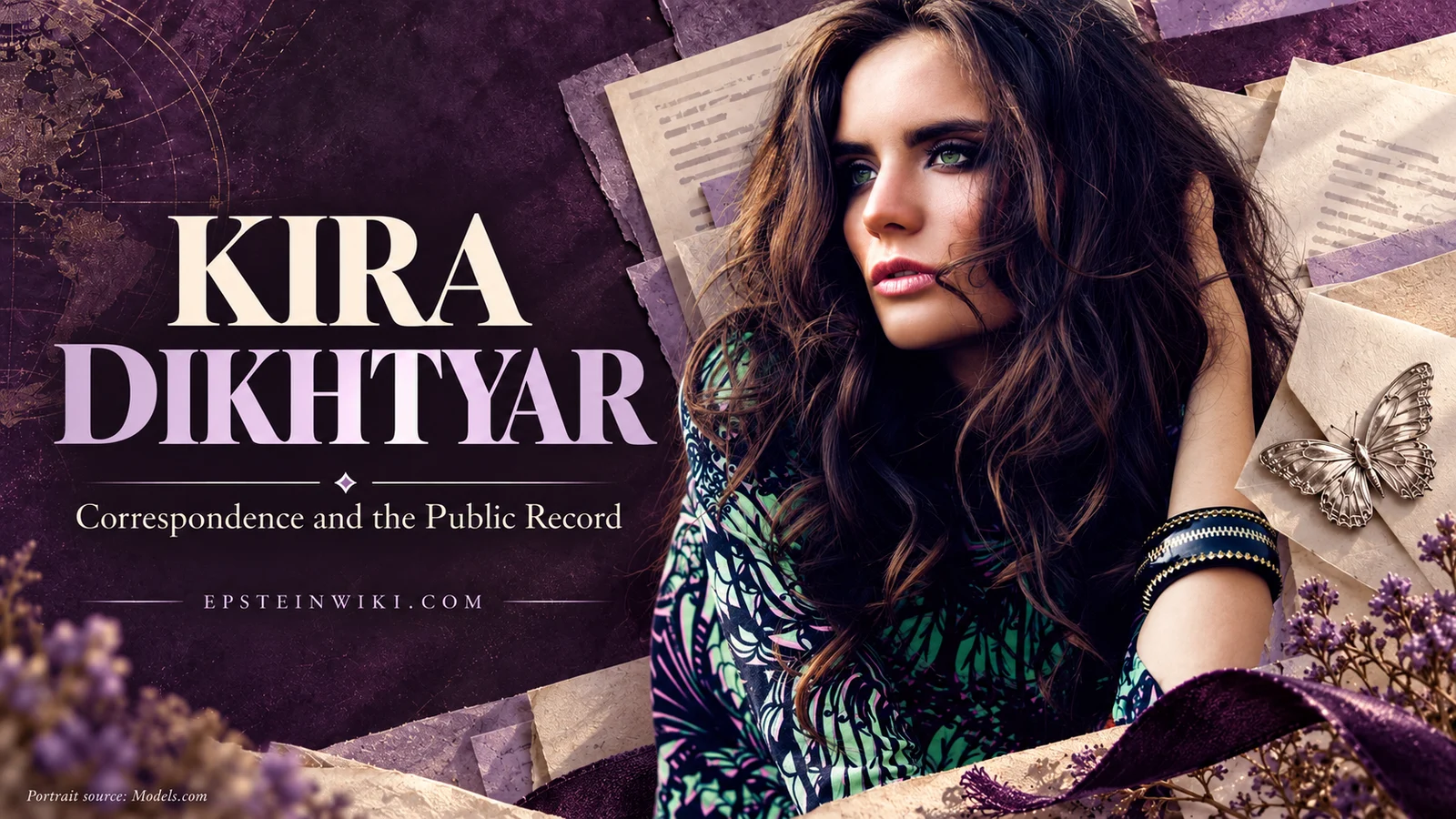 AI-assisted portrait banner of Kira Dikhtyar with illustrative document imagery.