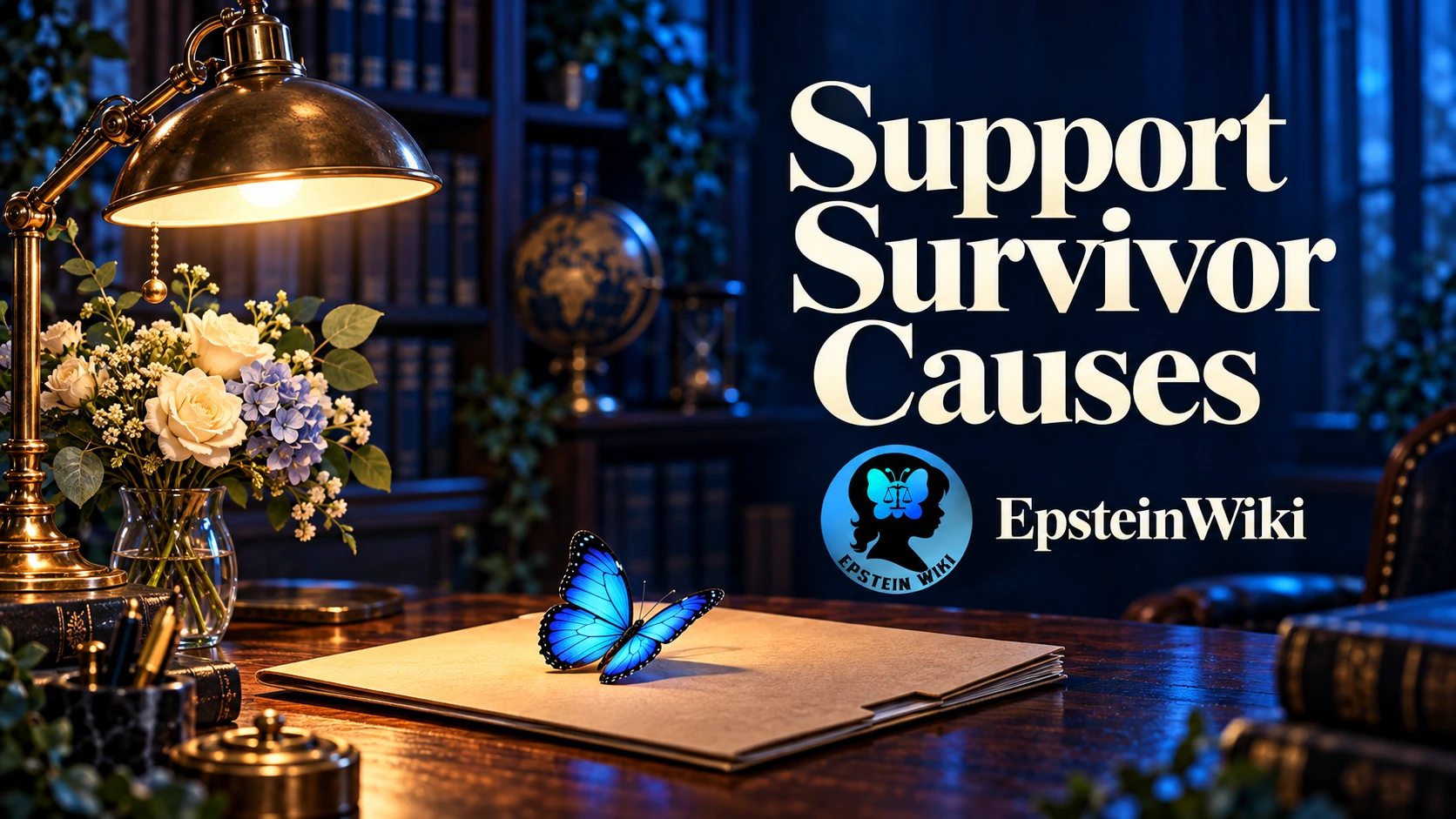 Support Survivor Causes — a blue butterfly, flowers and warm desk lamp