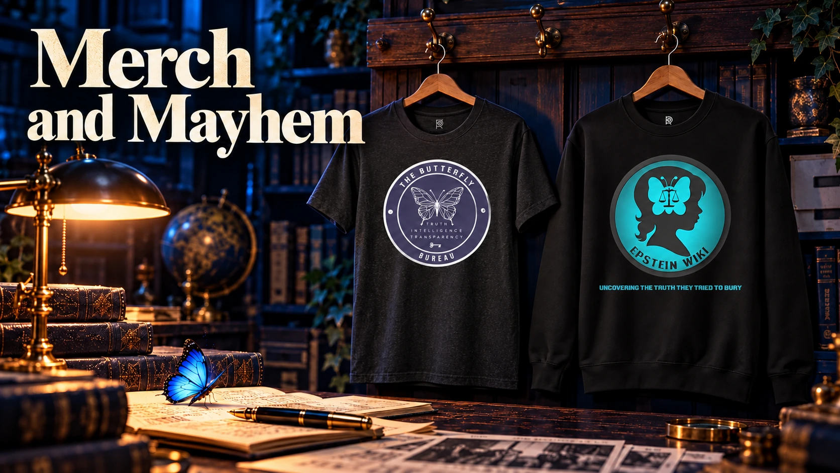 Merch and Mayhem — Butterfly Bureau T-shirt and EpsteinWiki sweatshirt