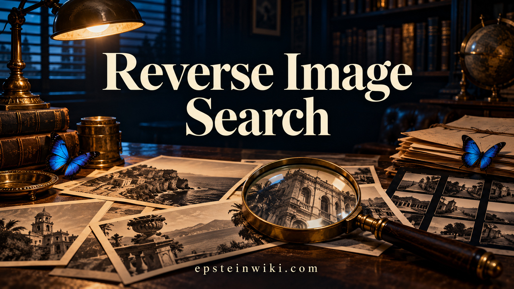 Reverse Image Search banner with vintage photographs, a brass magnifying glass and blue butterflies