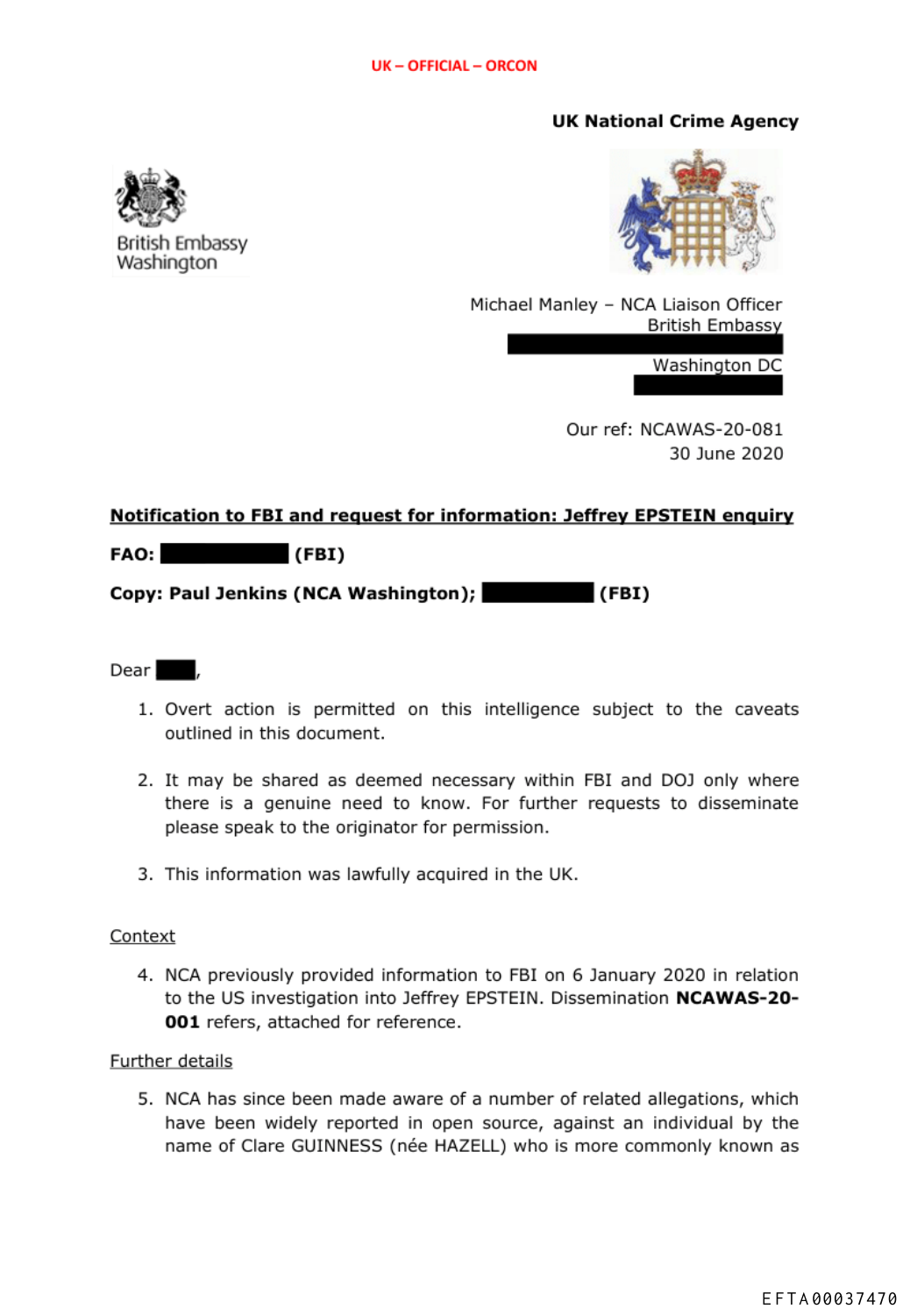 First page of the NCA letter to the FBI dated June 30, 2020, reference NCAWAS-20-081.