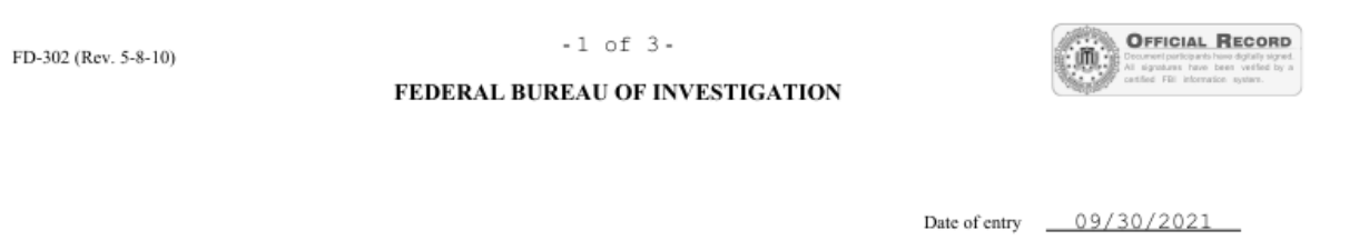 Cropped header of EFTA00155527 showing the FBI FD-302 form label, page count and September 30, 2021 entry date.