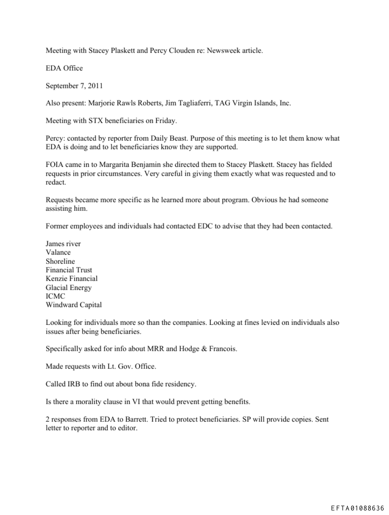 First page of September 7, 2011 EDA meeting notes listing Marjorie Rawls Roberts among those present.