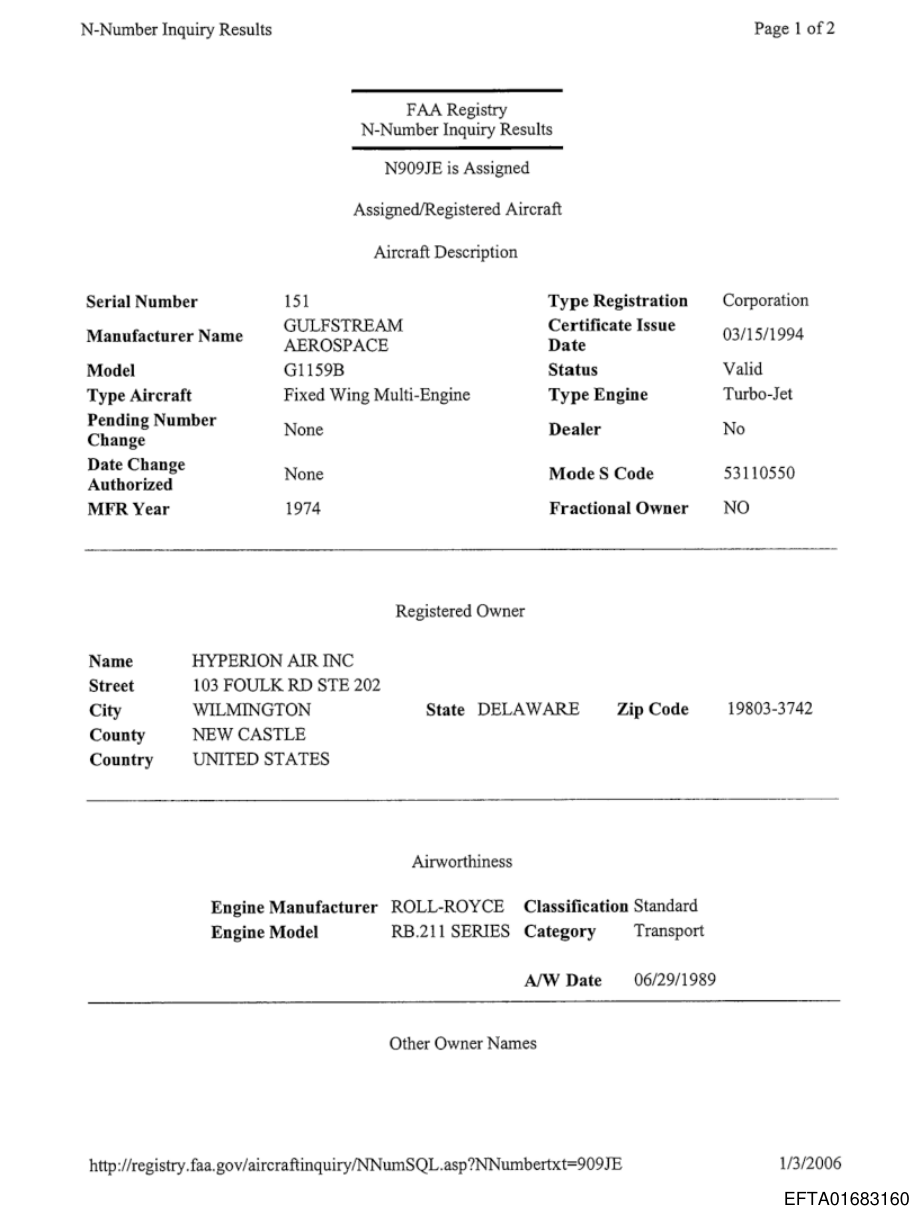 FAA Registry printout for aircraft N909JE, dated January 3, 2006, reproduced from page 51 of EFTA01683110.