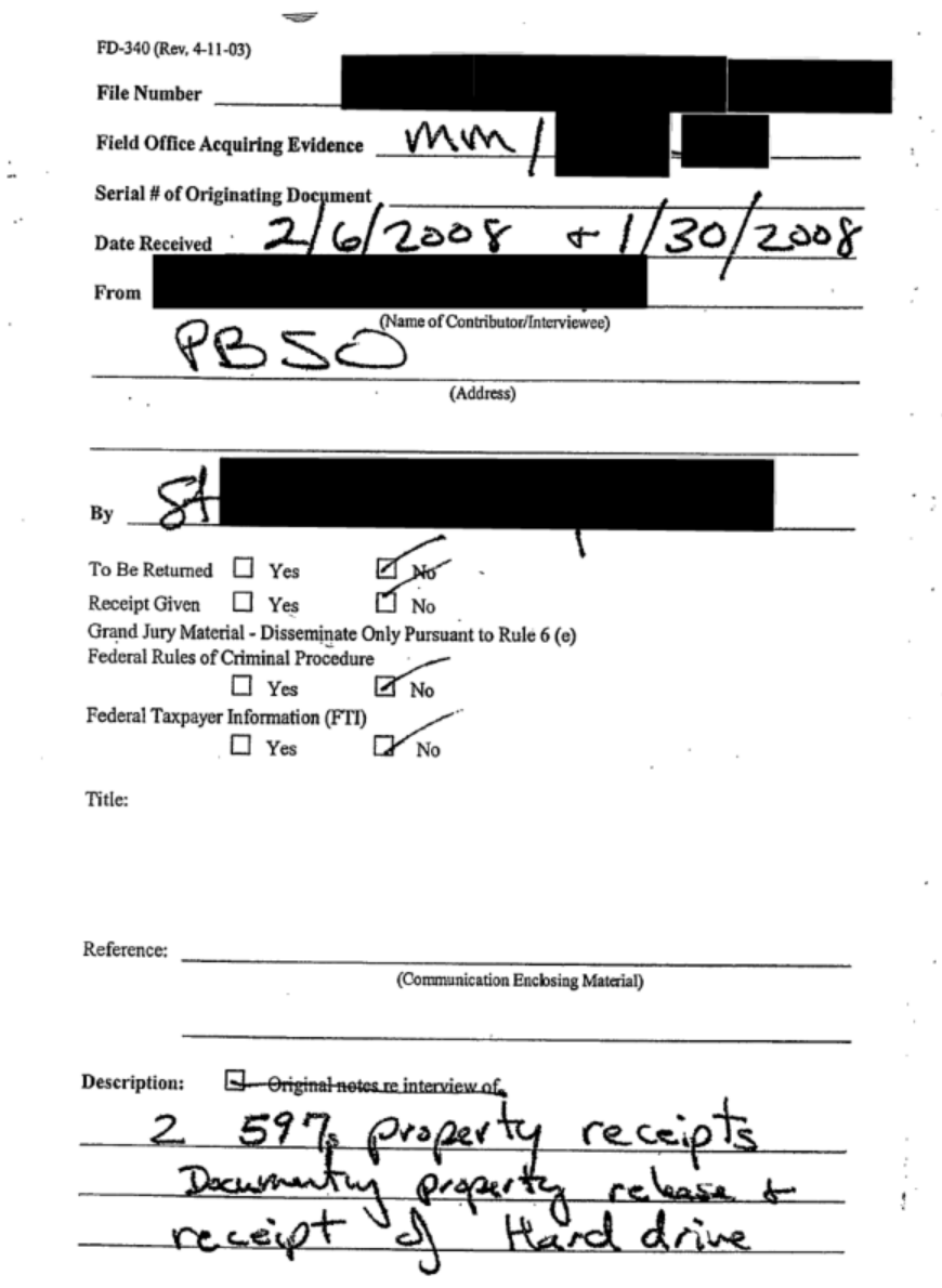 FD-340 cover from EFTA01694840 describing receipts for the release and receipt of a hard drive; source redactions are preserved.