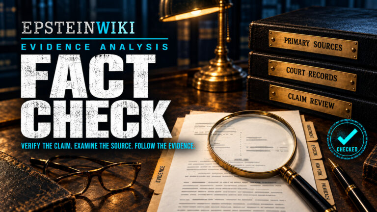 EpsteinWiki fact-checking artwork with court-record binders, documents and a magnifying glass