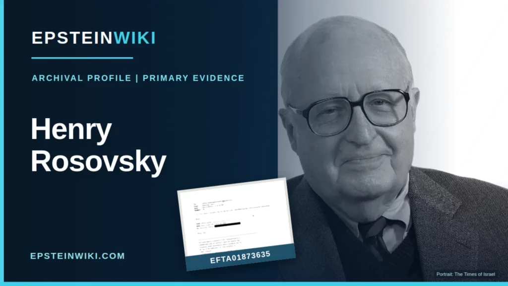 EpsteinWiki banner for Henry Rosovsky with verified sourced portrait credited to Times of Israel and authentic related Epstein evidence EFTA01873635.