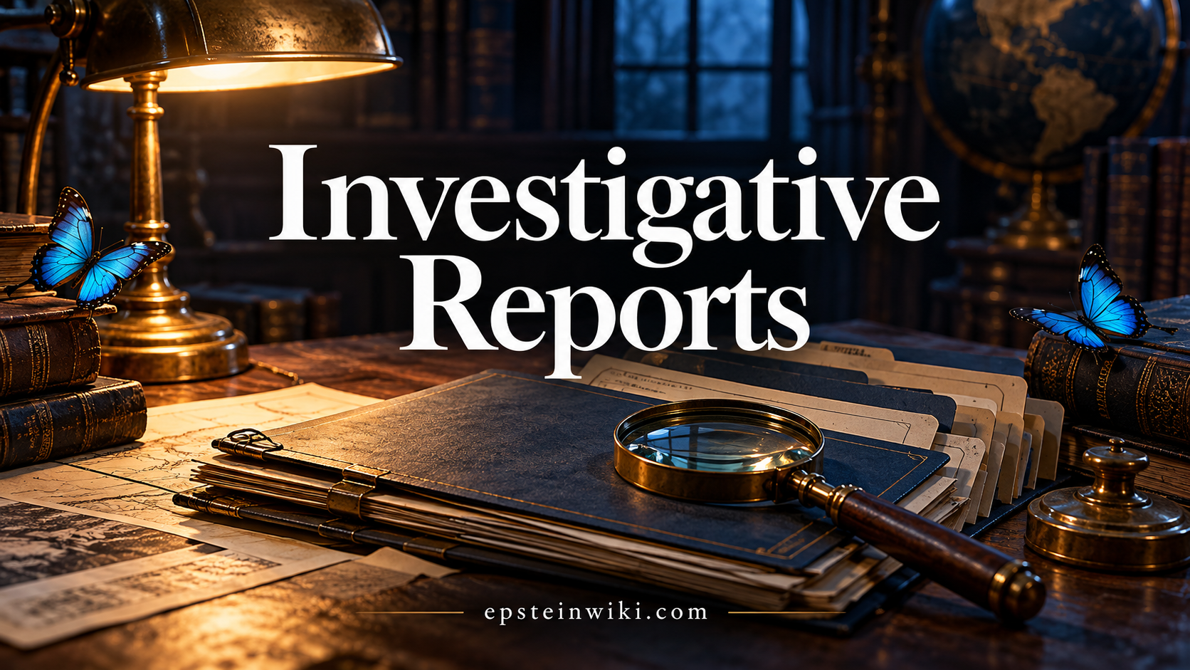Investigative Reports banner with case folders, magnifying glass and blue butterflies