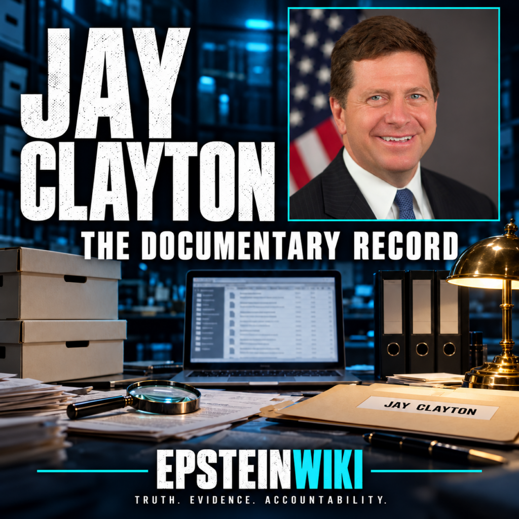 Jay Clayton portrait in an EpsteinWiki graphic labeled The Documentary Record.
