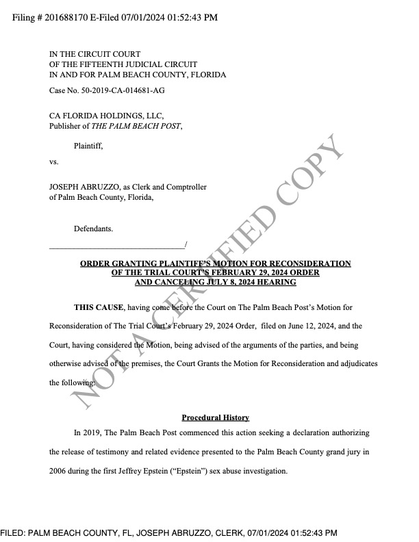 Court order concerning release of the Palm Beach grand jury transcript