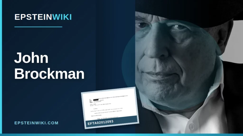 EpsteinWiki banner featuring a verified Edge.org portrait of John Brockman and a scan of Epstein evidence EFTA02012093 from DOJ Dataset 10, in navy and cyan.