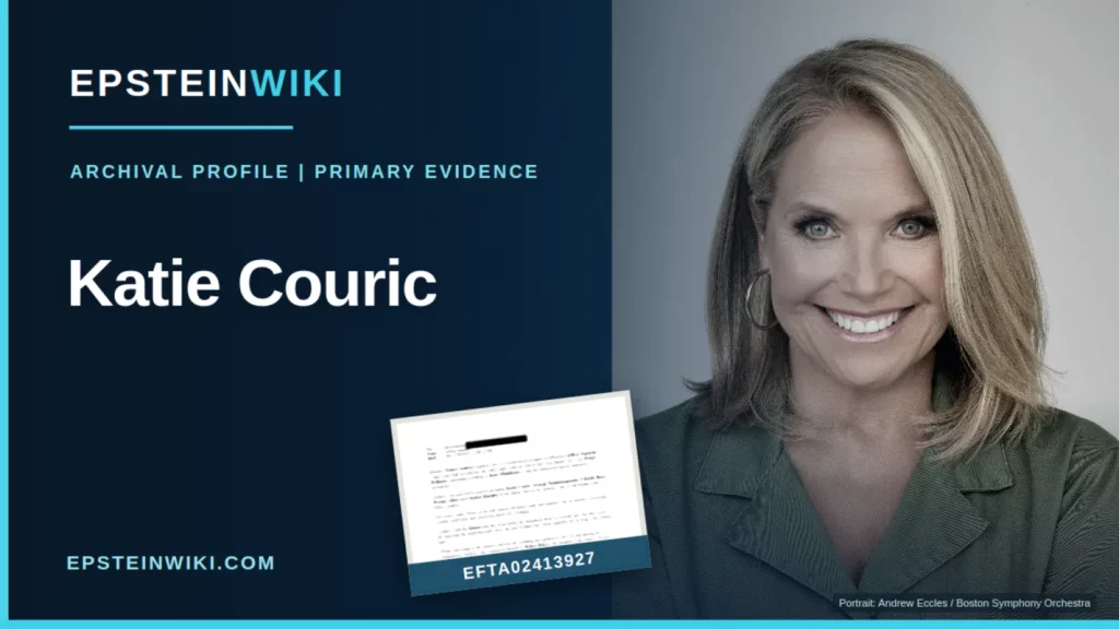 EpsteinWiki banner for Katie Couric with verified sourced portrait credited to Boston Symphony Orchestra / Andrew Eccles and authentic related Epstein evidence EFTA02413927.