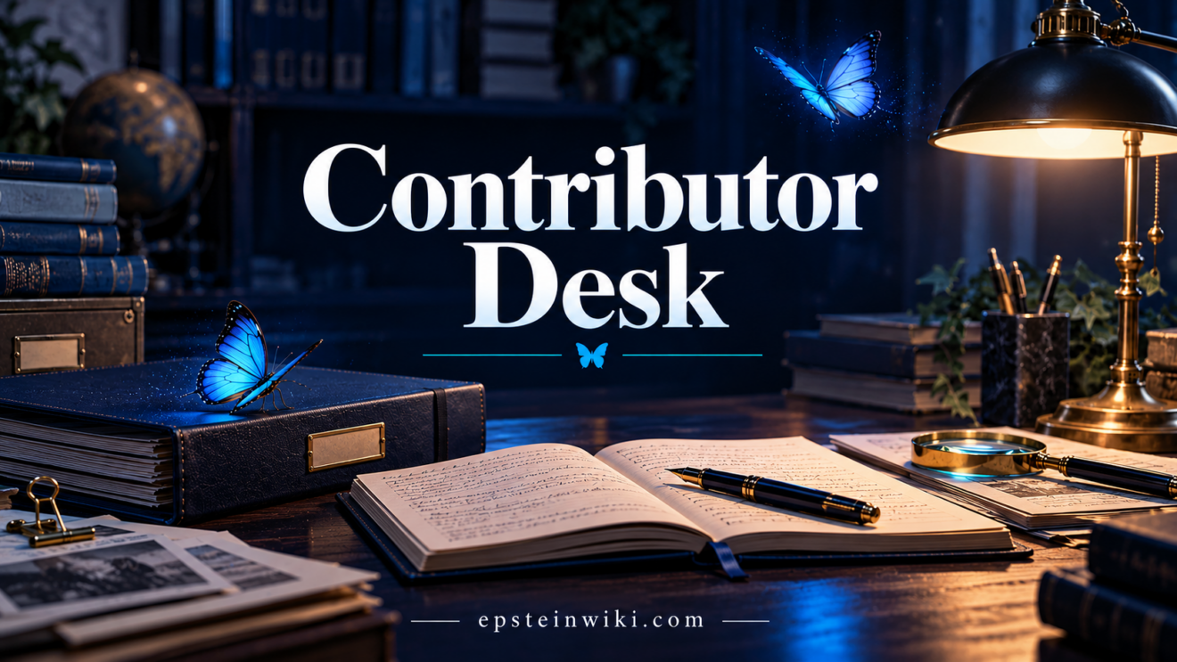 Navy contributor archive desk with cyan butterflies