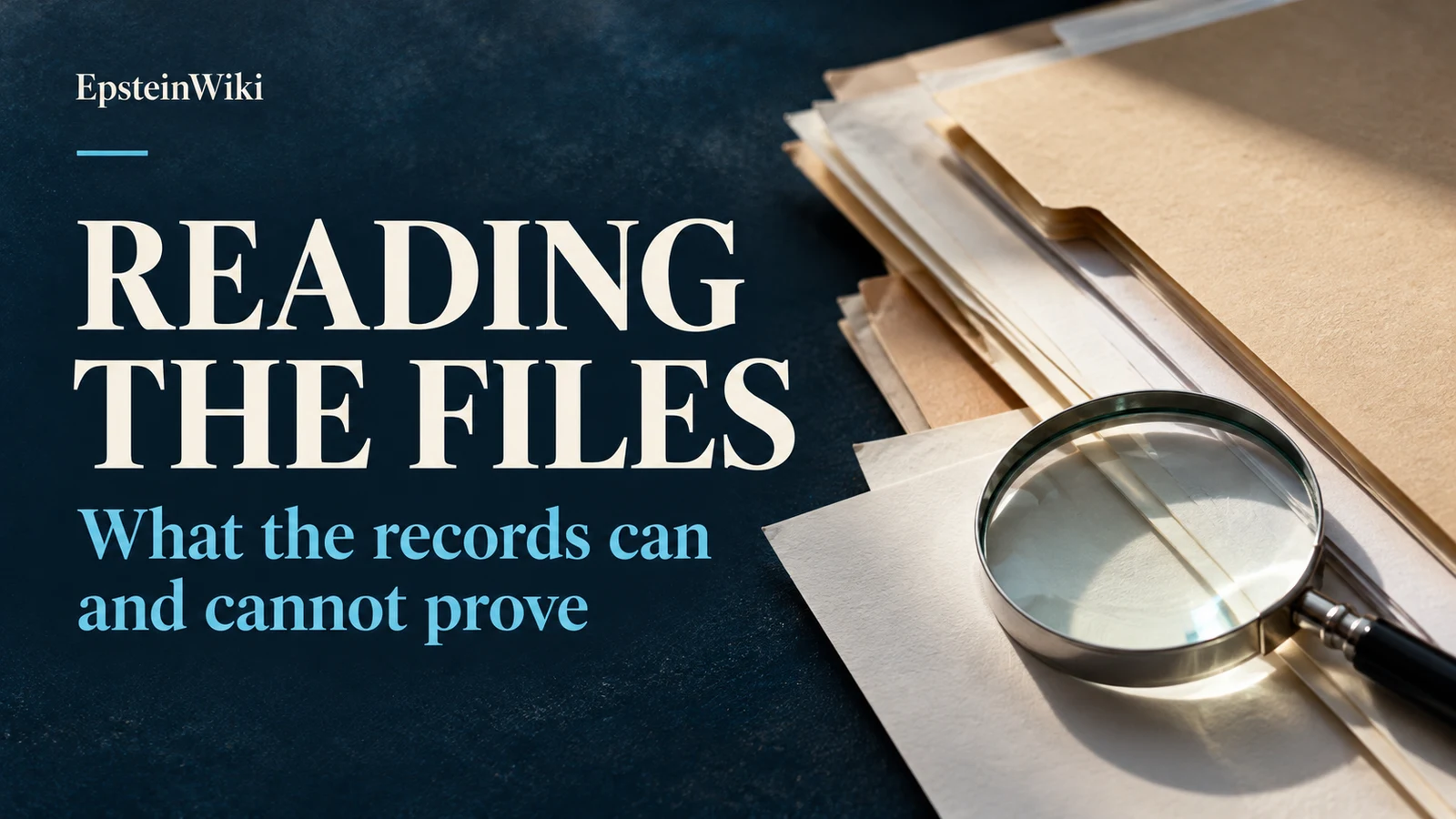 Reading the Files: What the records can and cannot prove. EpsteinWiki banner with blank papers and a magnifying glass.