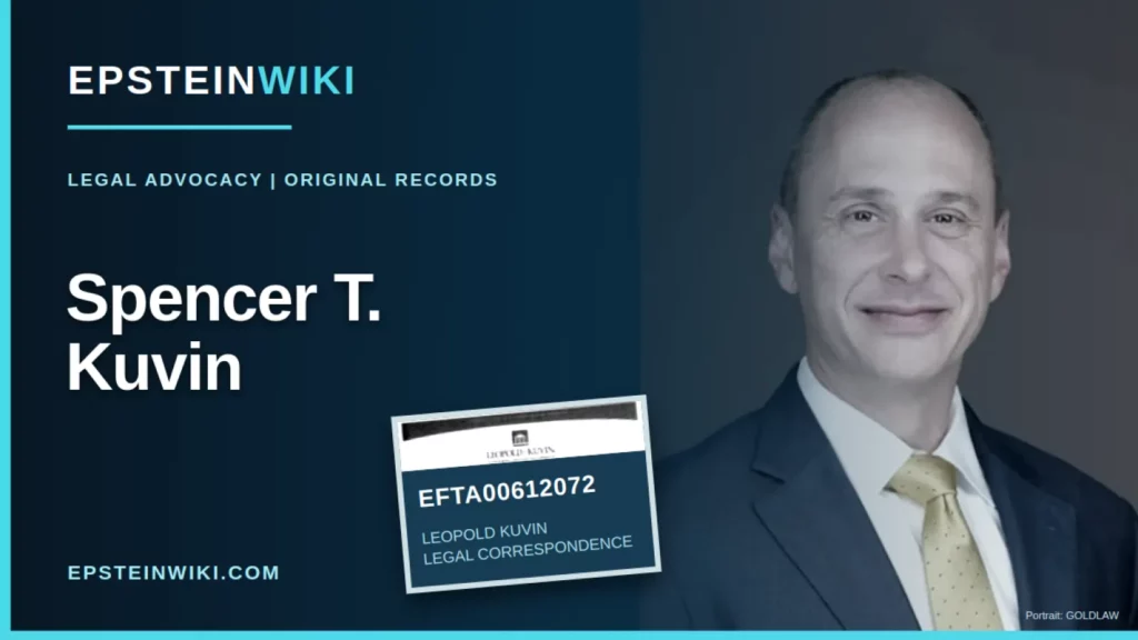 EpsteinWiki archival cover of lawyer Spencer T. Kuvin, using a verified professional portrait from GOLDLAW and the header of Epstein source record EFTA00612072 with third-party personal information concealed.