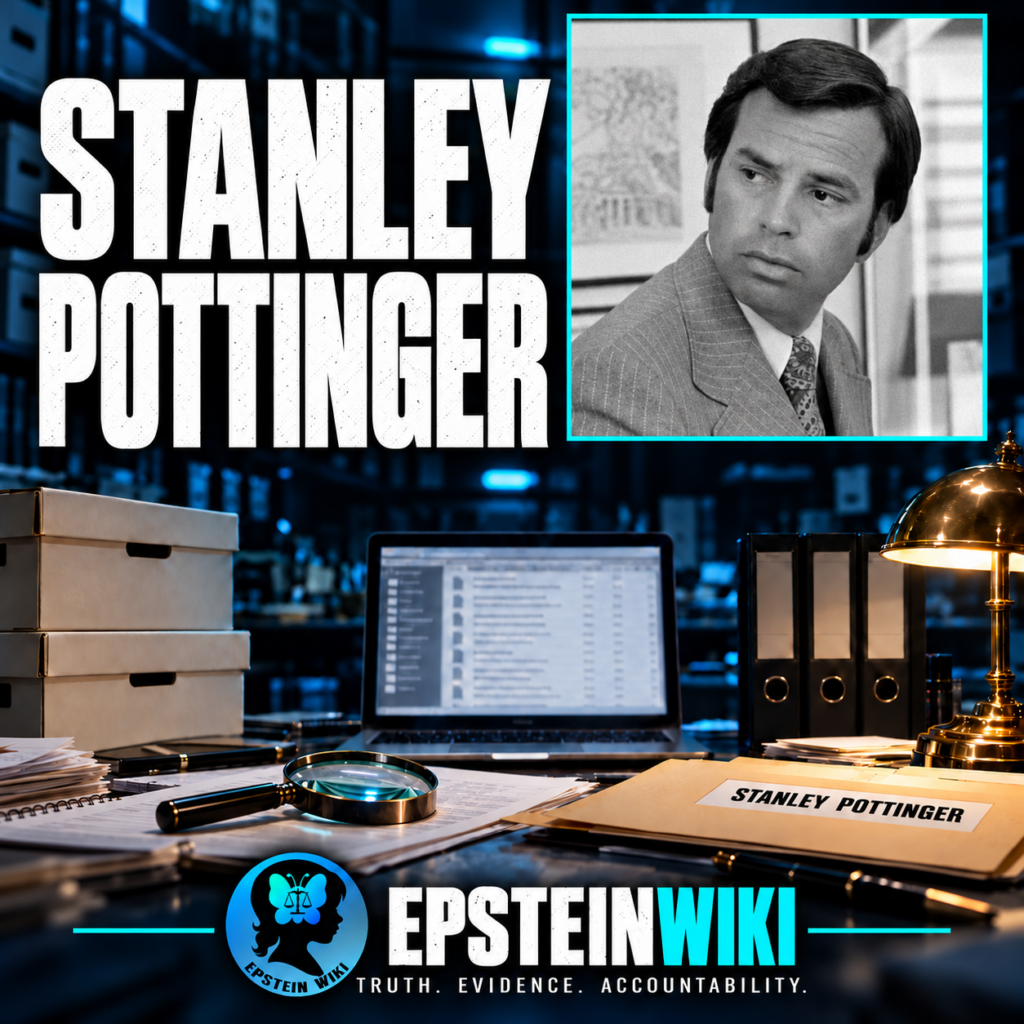 Stanley Pottinger portrait within an EpsteinWiki research graphic.