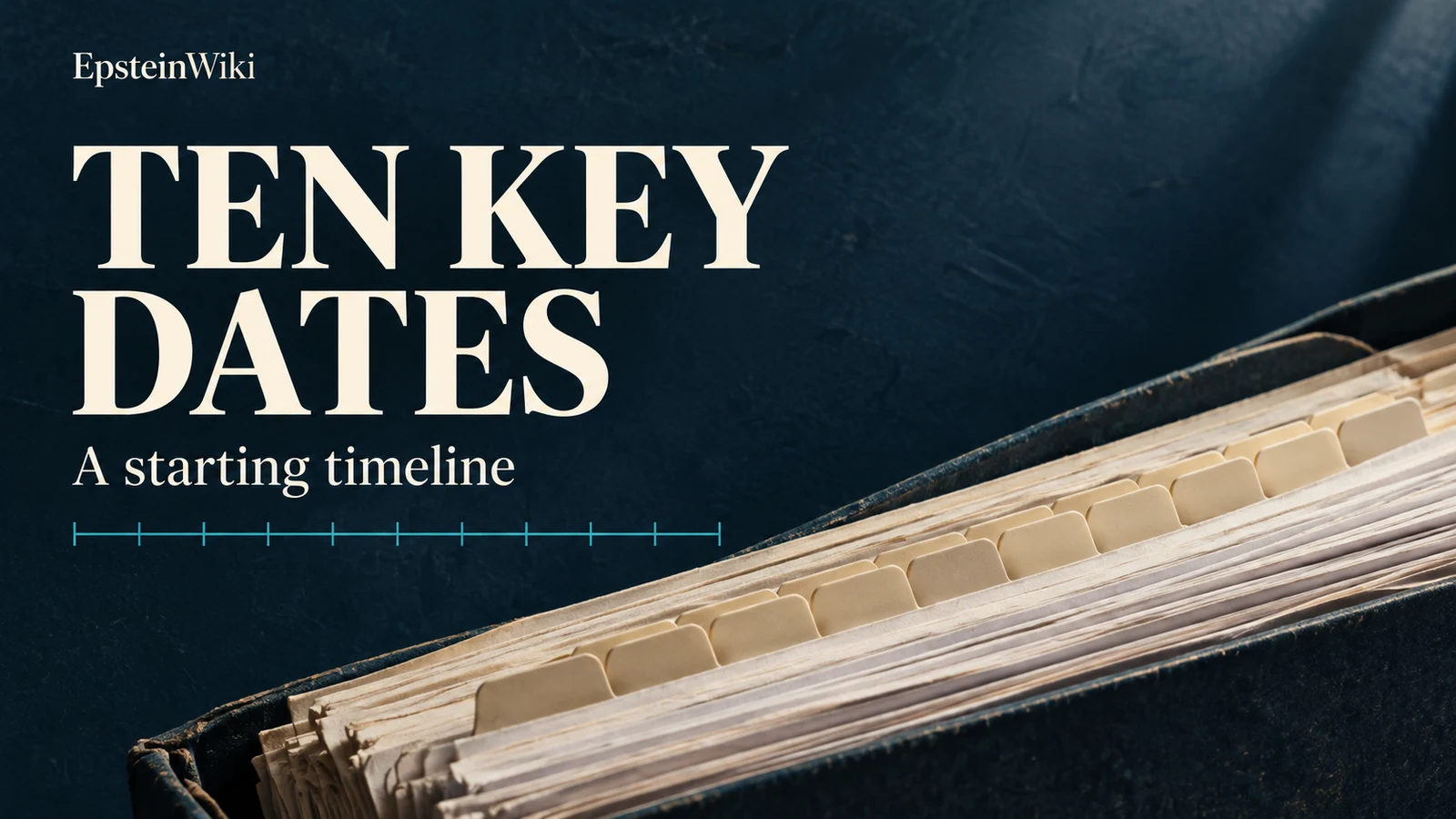 Ten Key Dates: A starting timeline. EpsteinWiki banner with unmarked archive folders and a decorative timeline rule.