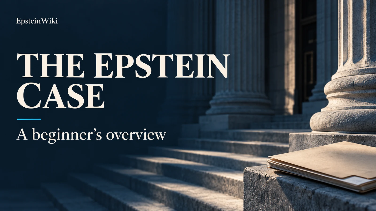 The Epstein Case: A beginner’s overview. EpsteinWiki banner with an illustrative courthouse and archive folder.