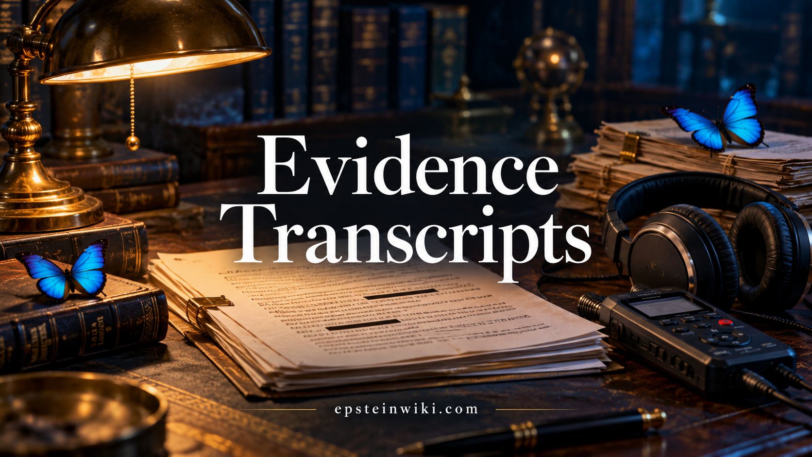 Evidence Transcripts banner with archive papers, headphones and blue butterflies