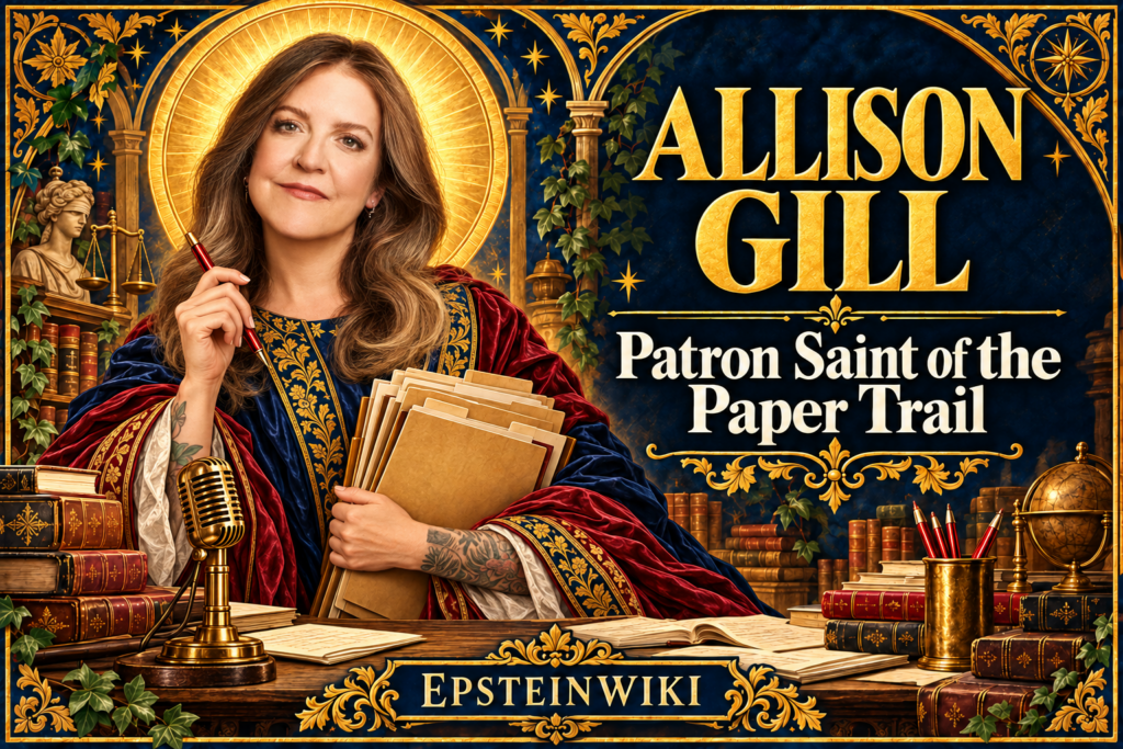 Illustrated portrait of Allison Gill with a golden halo, archival folders and a microphone, framed in navy and gold.