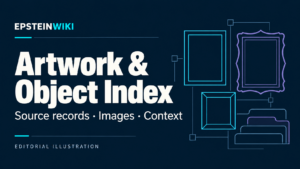 Artwork & Object Index editorial illustration with empty frame outlines and catalog tabs.