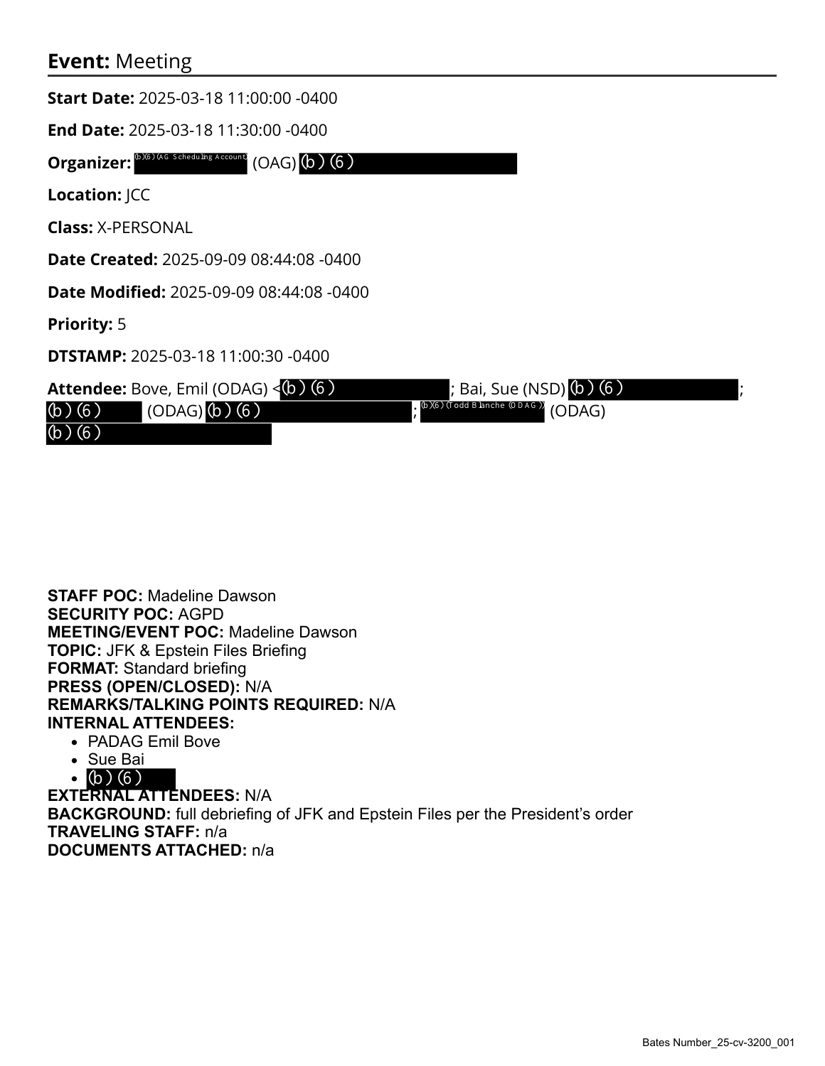 Original redacted briefing calendar for March 18, 2025, first page of the interim investigative-holdings production.