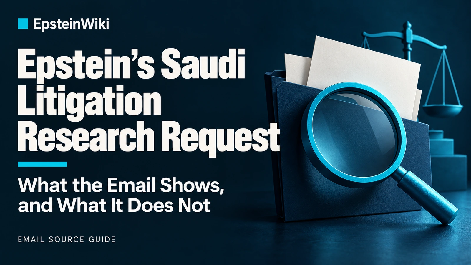 Editorial illustration for Epstein’s Saudi litigation research request, showing a folder, blank papers, a magnifying glass and scales.