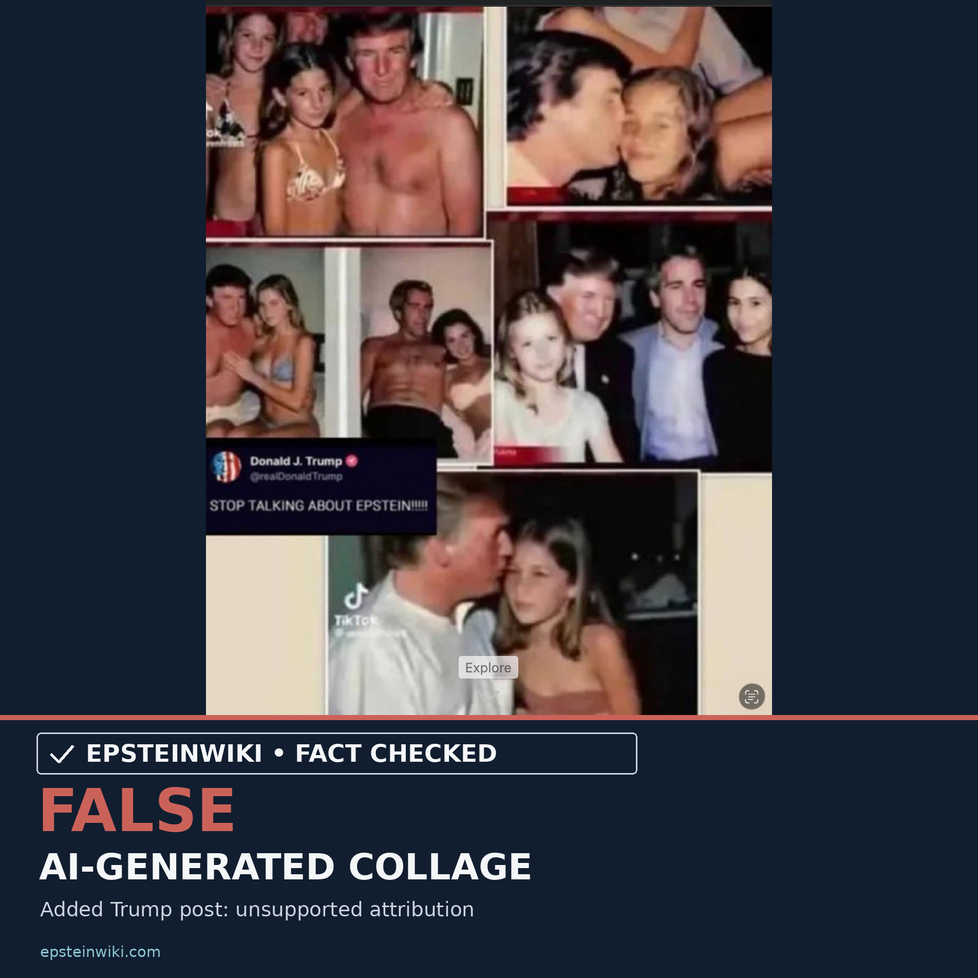 The checked viral collage with an EpsteinWiki Fact Checked stamp: false, AI-generated collage. The added Trump post has unsupported attribution.
