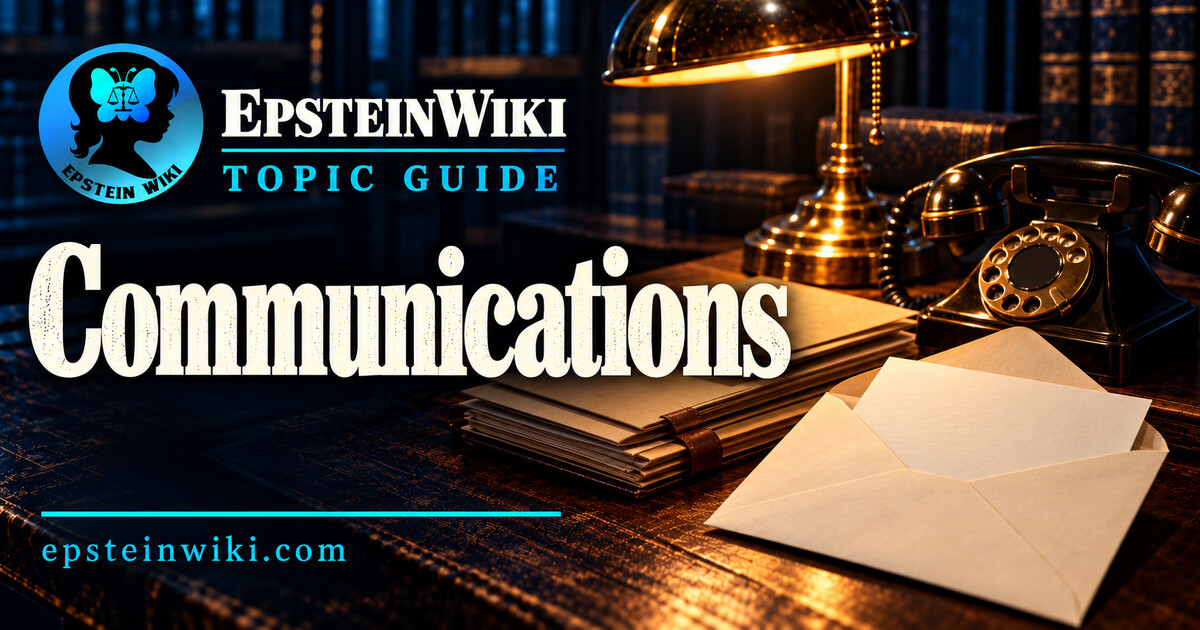 EpsteinWiki Communications topic guide banner with a vintage telephone, blank letter and envelopes on a lamp-lit archival desk.