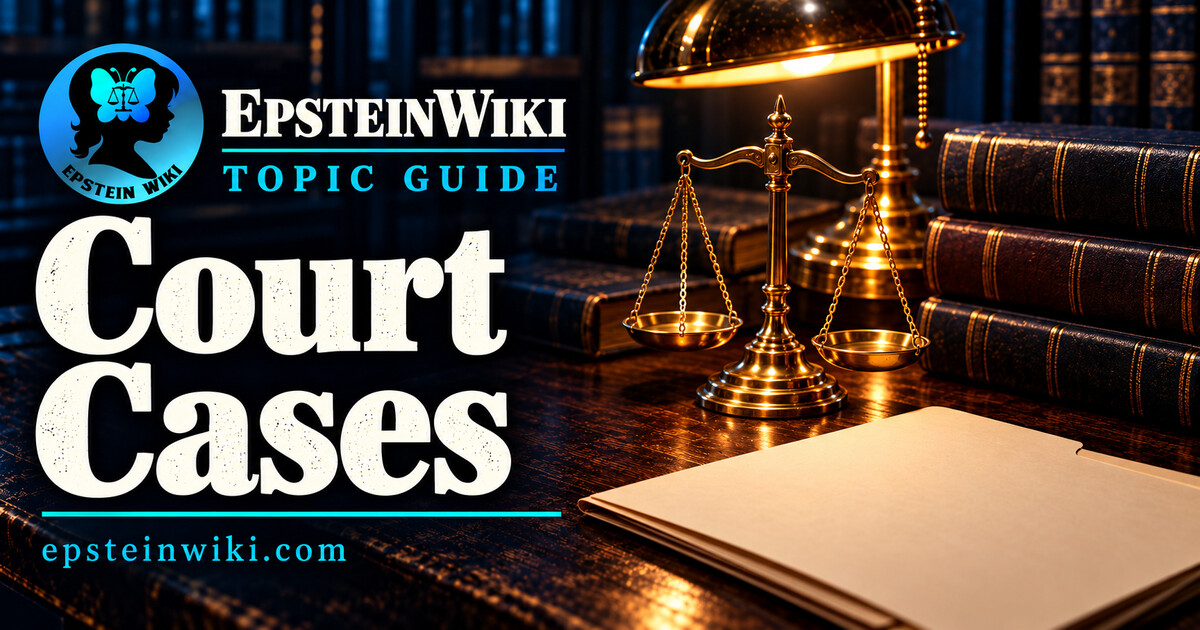 EpsteinWiki Court Cases topic guide banner with brass balance scales, unmarked law books and a blank file folder on an archival desk.