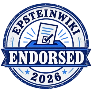 Blue EpsteinWiki Endorsed 2026 stamp with a ballot and check mark.